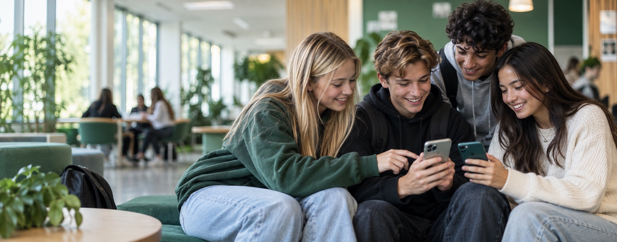 En grupp ungdomar utforskar appar tillsammans i sina mobiltelefoner.